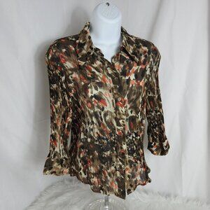 Vintage Pleated Abstract Petite Womens Shirt Size M PM Bellismo Brown Orange